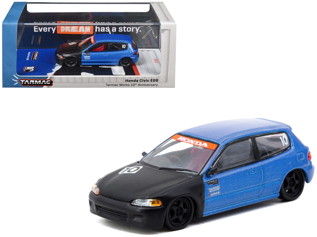 Honda Civic EG6 RHD (Right Hand Drive) #10 "Tarmac Works 10th Anniversary" Blue Metallic and Matt Black "Hobby64" Series 1/64 Diecast Model Car by Tarmac Works