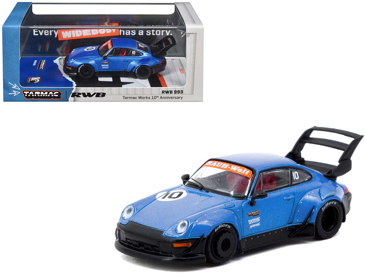 RWB 993 RHD (Right Hand Drive) #10 "Tarmac Works 10th Anniversary" Blue Metallic "Hobby64" Series 1/64 Diecast Model Car by Tarmac Works