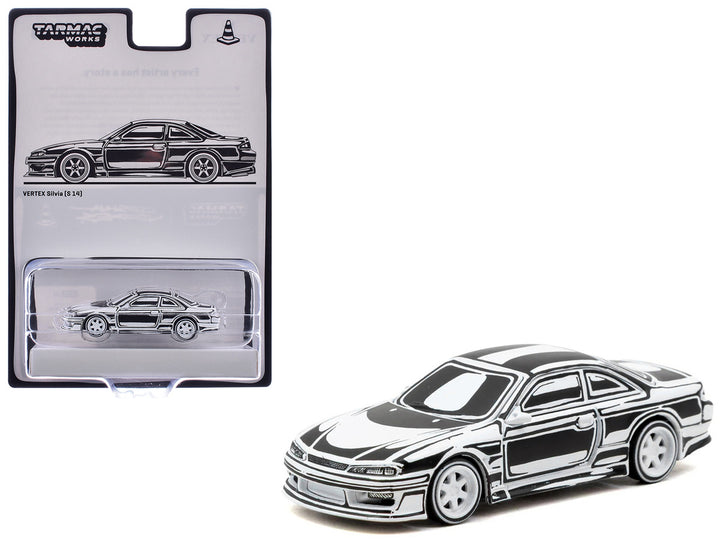 Nissan Silvia S14 VERTEX Joshua Vides black and white 1/64 model with Tarmac Works blister packaging.