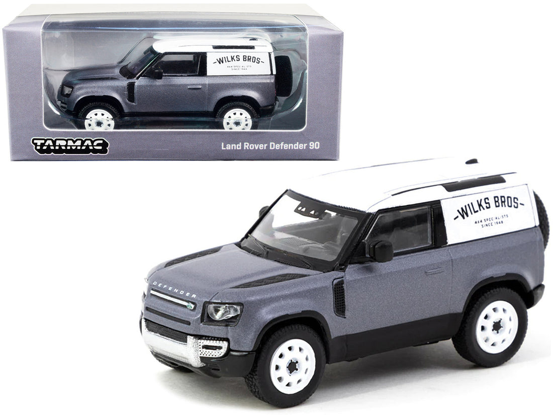 Land Rover Defender 90 Matt Blue Gray Metallic with White Top "Wilks Bros" "Global64" Series 1/64 Diecast Model Car by Tarmac Works-0