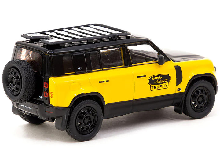 Land Rover Defender 110 "Trophy Edition" Yellow with Black Hood and Top and Roofrack "Global64" Series 1/64 Diecast Model by Tarmac Works-1