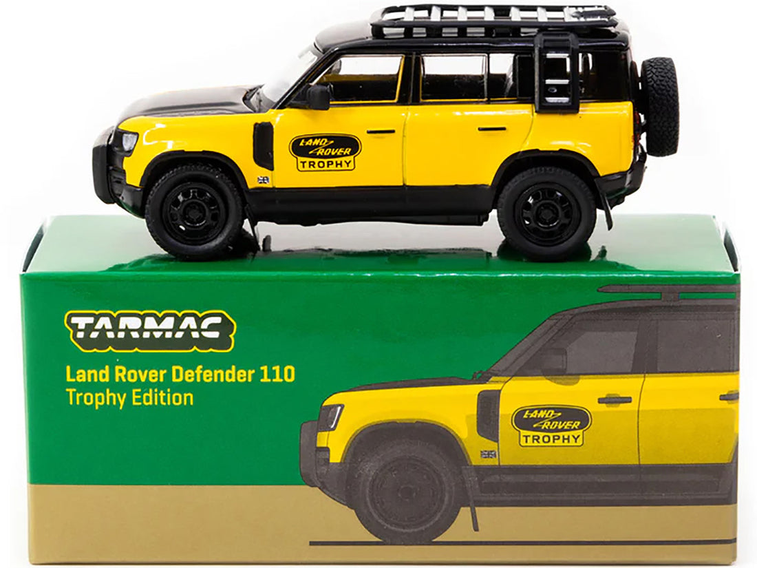 Land Rover Defender 110 "Trophy Edition" Yellow with Black Hood and Top and Roofrack "Global64" Series 1/64 Diecast Model by Tarmac Works-2