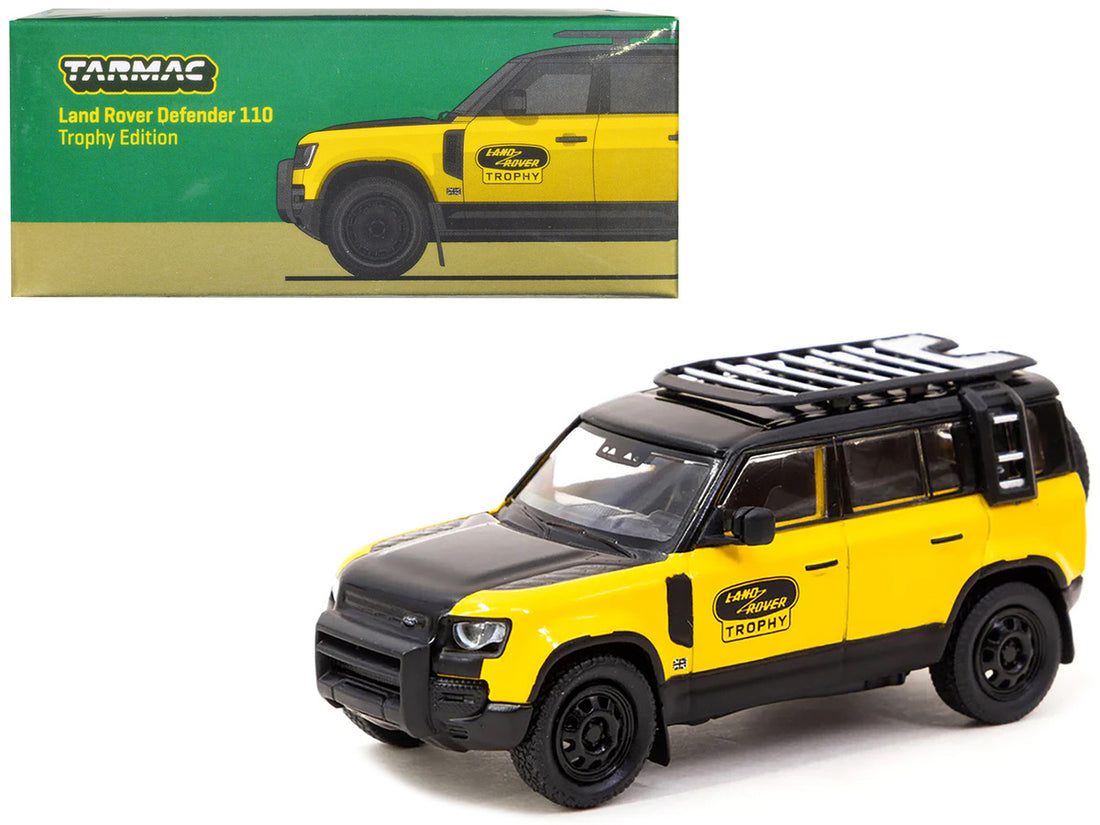 Land Rover Defender 110 "Trophy Edition" Yellow with Black Hood and Top and Roofrack "Global64" Series 1/64 Diecast Model by Tarmac Works-0