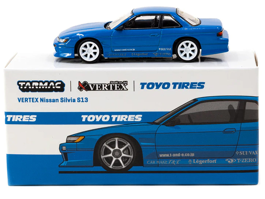 Nissan Silvia (S13) Vertex RHD (Right Hand Drive) Blue Metallic "Toyo Tires" "Global64" Series 1/64 Diecast Model by Tarmac Works-1