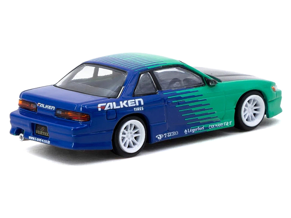 Nissan Silvia (S13) Vertex RHD (Right Hand Drive) "Falken Tires" Green and Blue wuth Carbon Hood "Global64" Series 1/64 Diecast Model by Tarmac Works-0