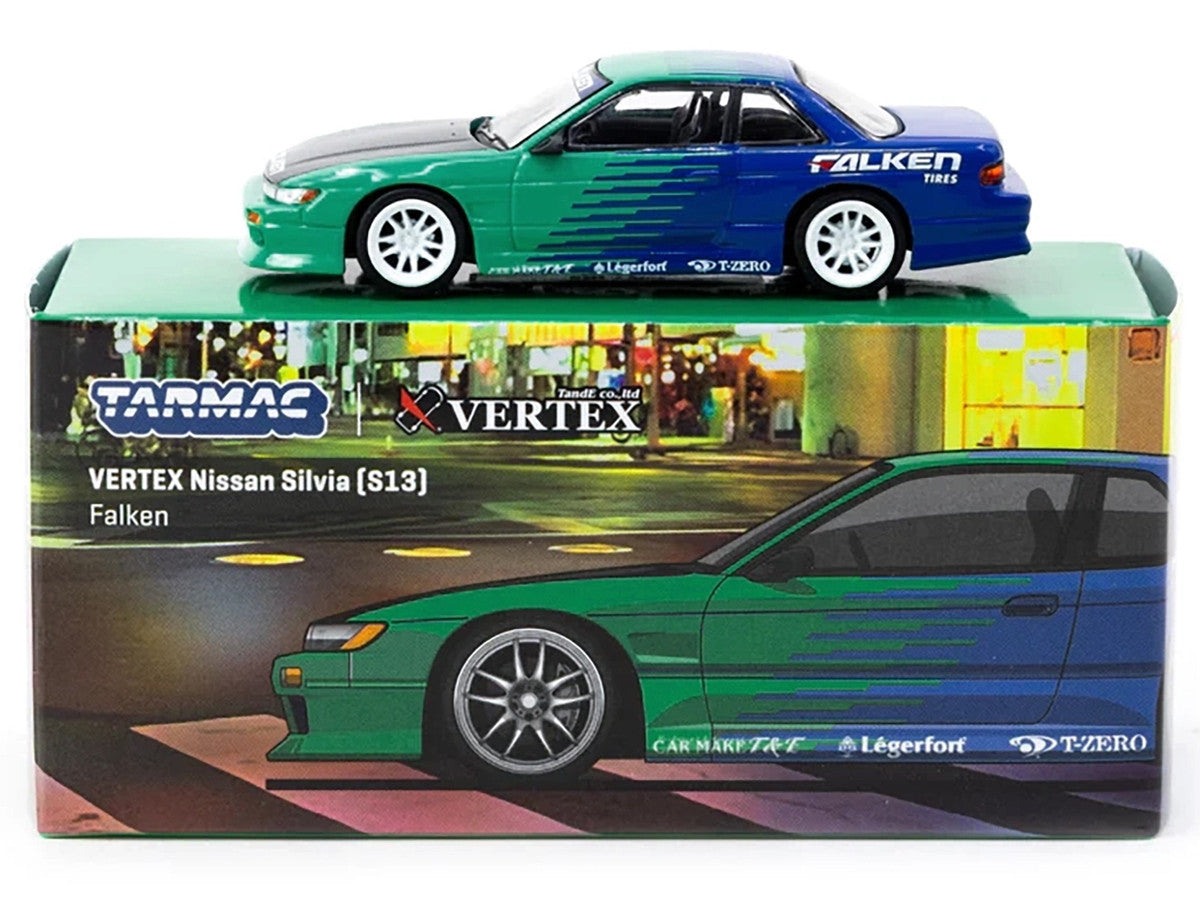 Nissan Silvia (S13) Vertex RHD (Right Hand Drive) "Falken Tires" Green and Blue wuth Carbon Hood "Global64" Series 1/64 Diecast Model by Tarmac Works-1