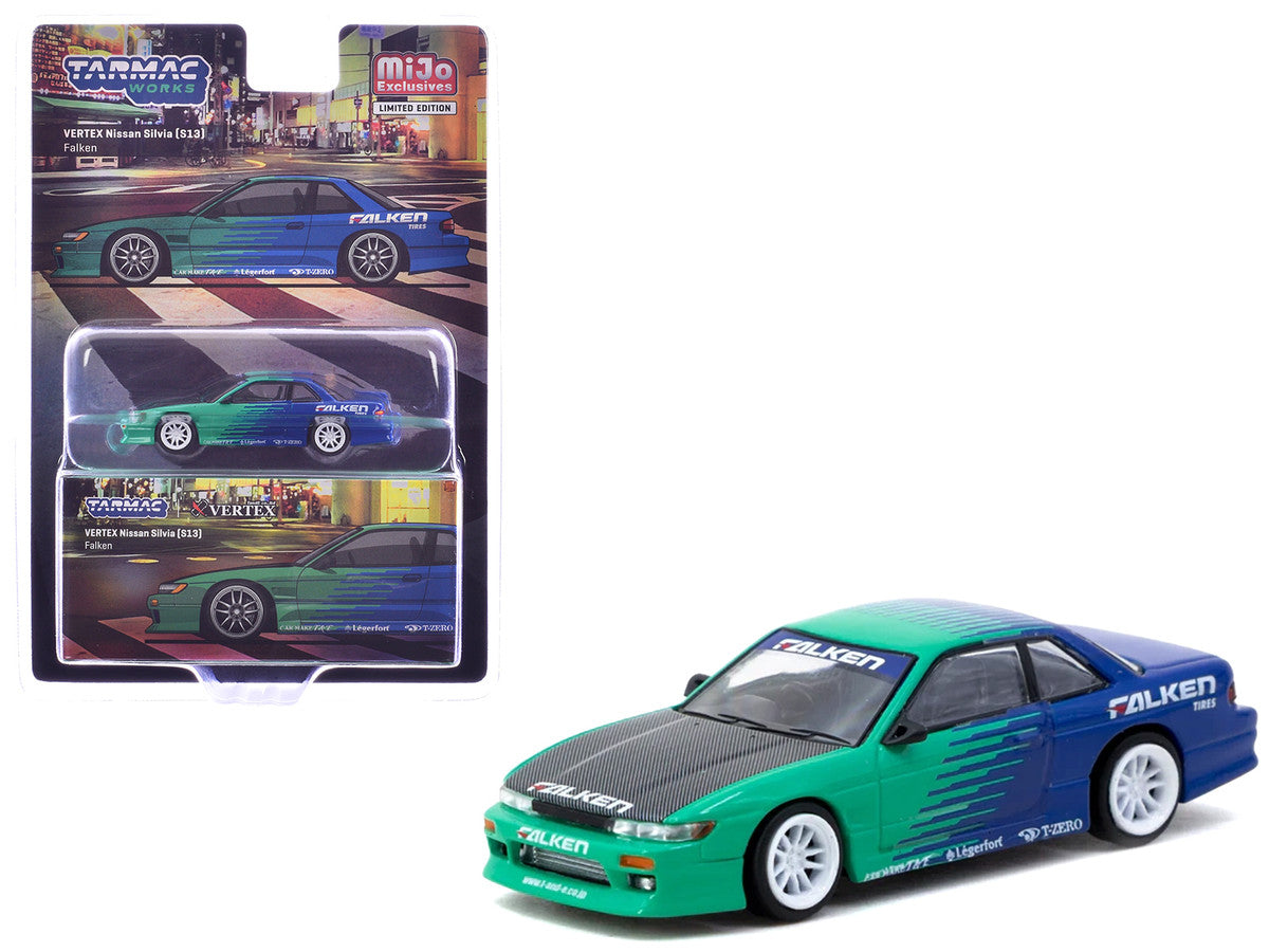 Nissan Silvia (S13) Vertex RHD (Right Hand Drive) "Falken Tires" Green and Blue wuth Carbon Hood "Global64" Series 1/64 Diecast Model by Tarmac Works-2