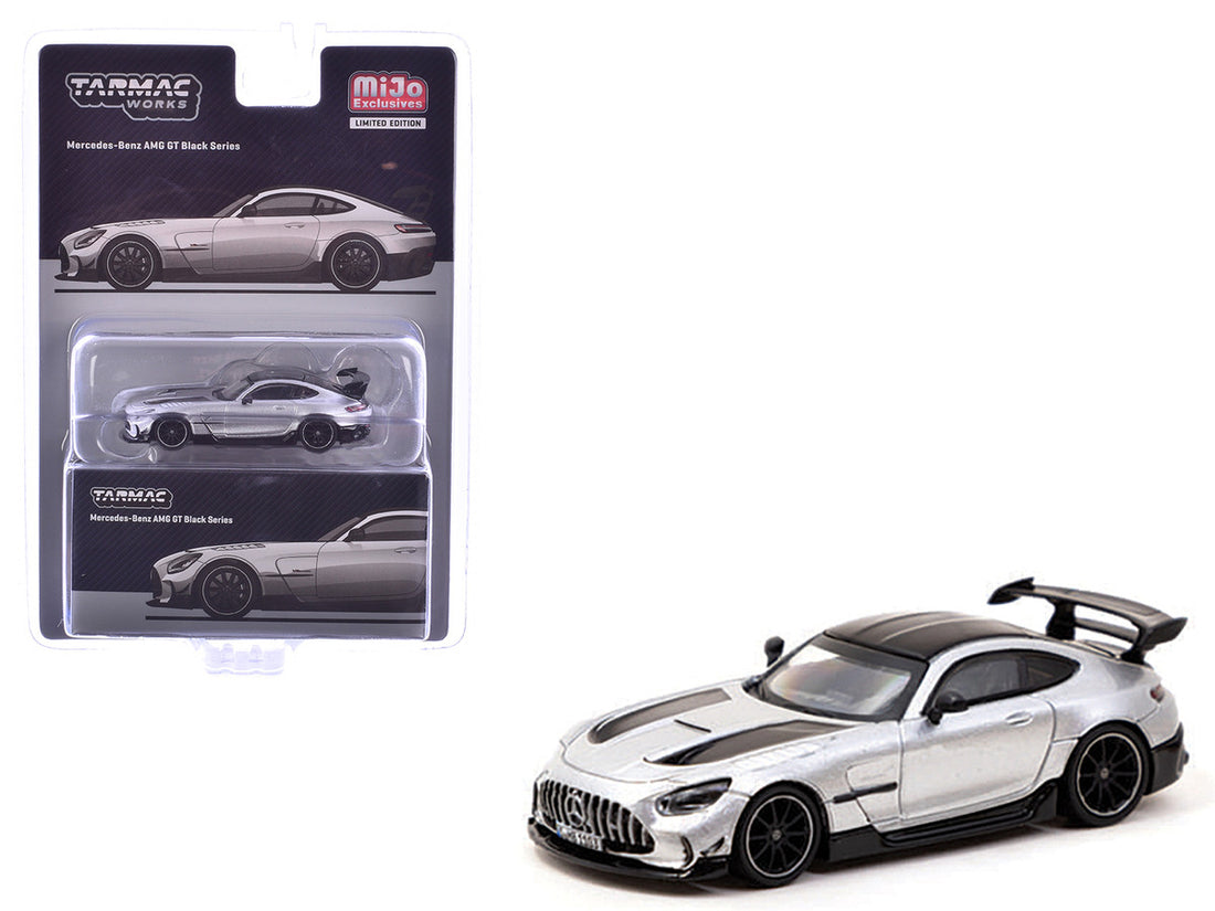 Mercedes-Benz AMG GT Black Series Silver Metallic with Black Hood Stripes and Top "Global64" Series 1/64 Diecast Model by Tarmac Works-2