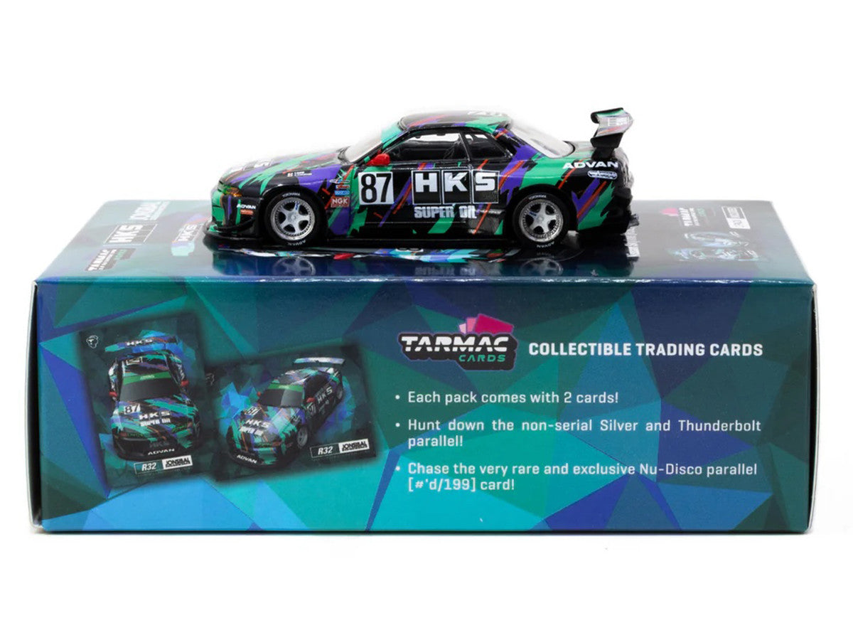 Nissan Skyline (R32) Widebody RHD (Right Hand Drive) #87 "HKS - Designed by Jon Sibal" Black with Graphics with Tarmac Cards "Global64" Series 1/64 Diecast Model Car by Tarmac Works-2