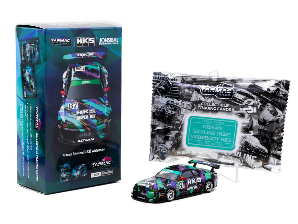Nissan Skyline (R32) Widebody RHD (Right Hand Drive) #87 "HKS - Designed by Jon Sibal" Black with Graphics with Tarmac Cards "Global64" Series 1/64 Diecast Model Car by Tarmac Works-1