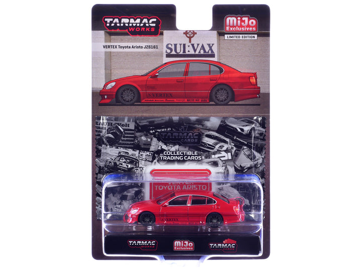 Toyota Aristo JZS161 VERTEX Red RHD Tarmac Works 1/64 model with Global64 blister packaging with trading cards.