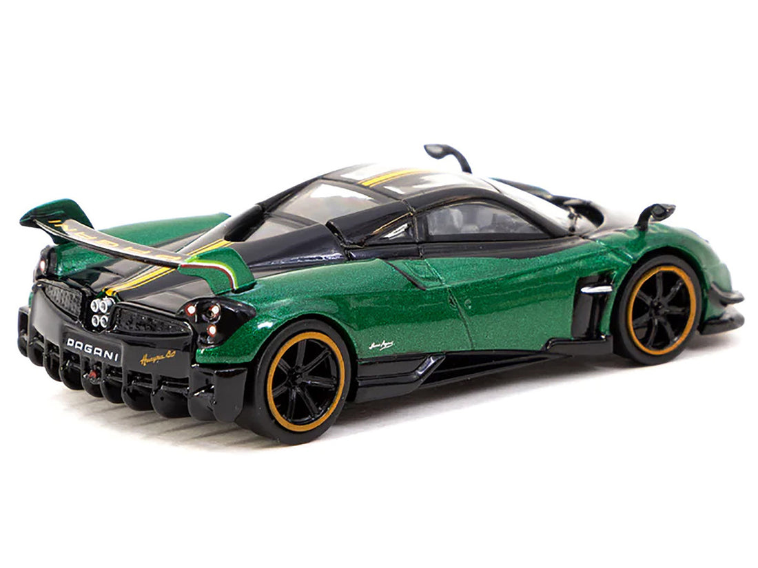Pagani Huayra BC Trifoglio Verde Green Metallic and Black with Yellow Stripes "Global64" Series 1/64 Diecast Model by Tarmac Works-1
