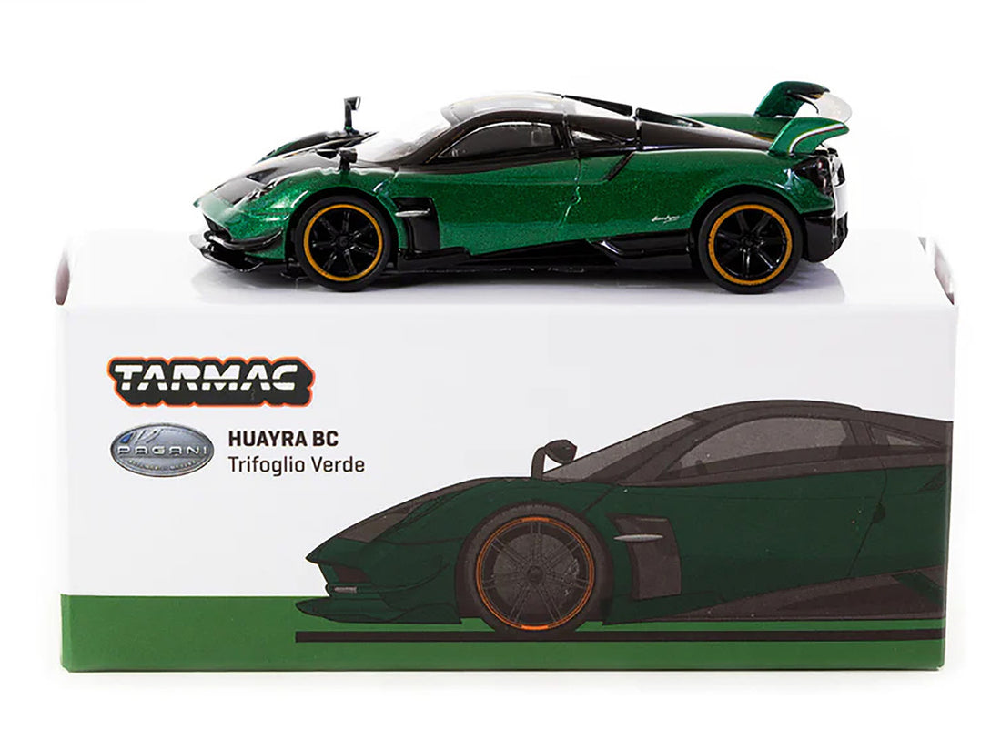 Pagani Huayra BC Trifoglio Verde Green Metallic and Black with Yellow Stripes "Global64" Series 1/64 Diecast Model by Tarmac Works-2