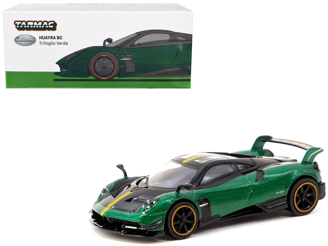 Pagani Huayra BC Trifoglio Verde Green Metallic and Black with Yellow Stripes "Global64" Series 1/64 Diecast Model by Tarmac Works-0