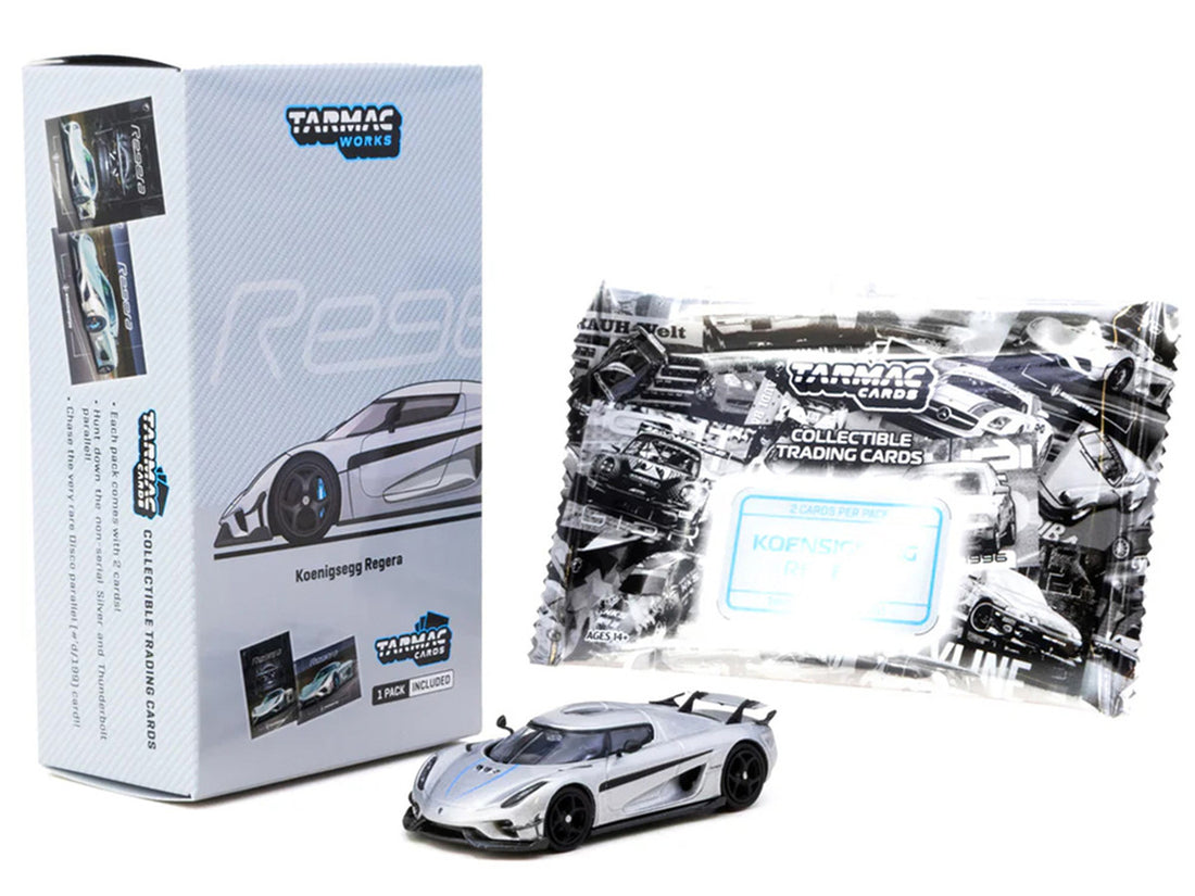 Koenigsegg Regera Silver Metallic with Blue Accents and Collectible Tarmac Cards "Global64" Series 1/64 Diecast Model Car by Tarmac Works-4