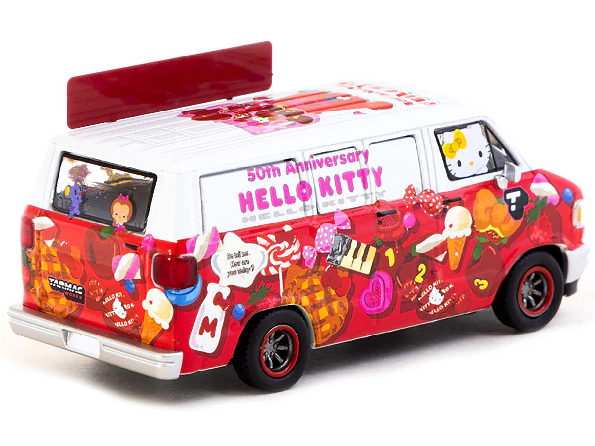 Dodge Van "Hello Kitty Food Truck" White and Red with Graphics "Global64" Series 1/64 Diecast Model by Tarmac Works-1
