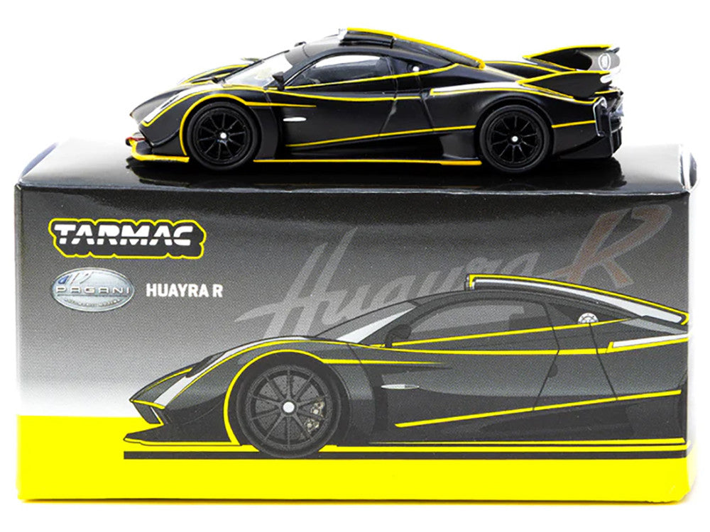 Pagani Huayra R Matt Black with Silver Accents and Yellow Stripes "Global64" Series 1/64 Diecast Model by Tarmac Works-1