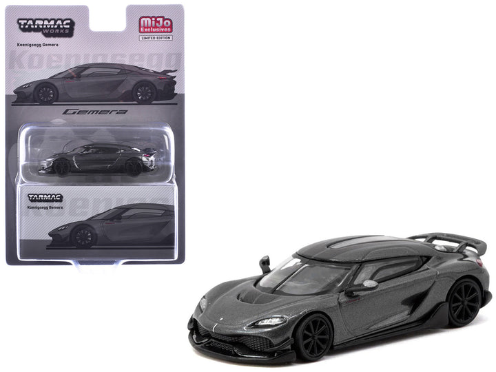 Koenigsegg Gemera Dark Gray Metallic Tarmac Works 1/64 model with Global64 blister packaging.