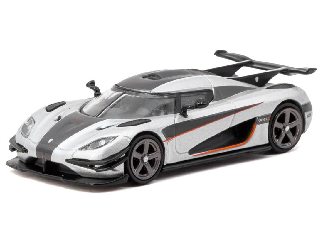 Koenigsegg One:1 Silver Metallic with Black Stripes "Global64" Series 1/64 Diecast Model Car by Tarmac Works