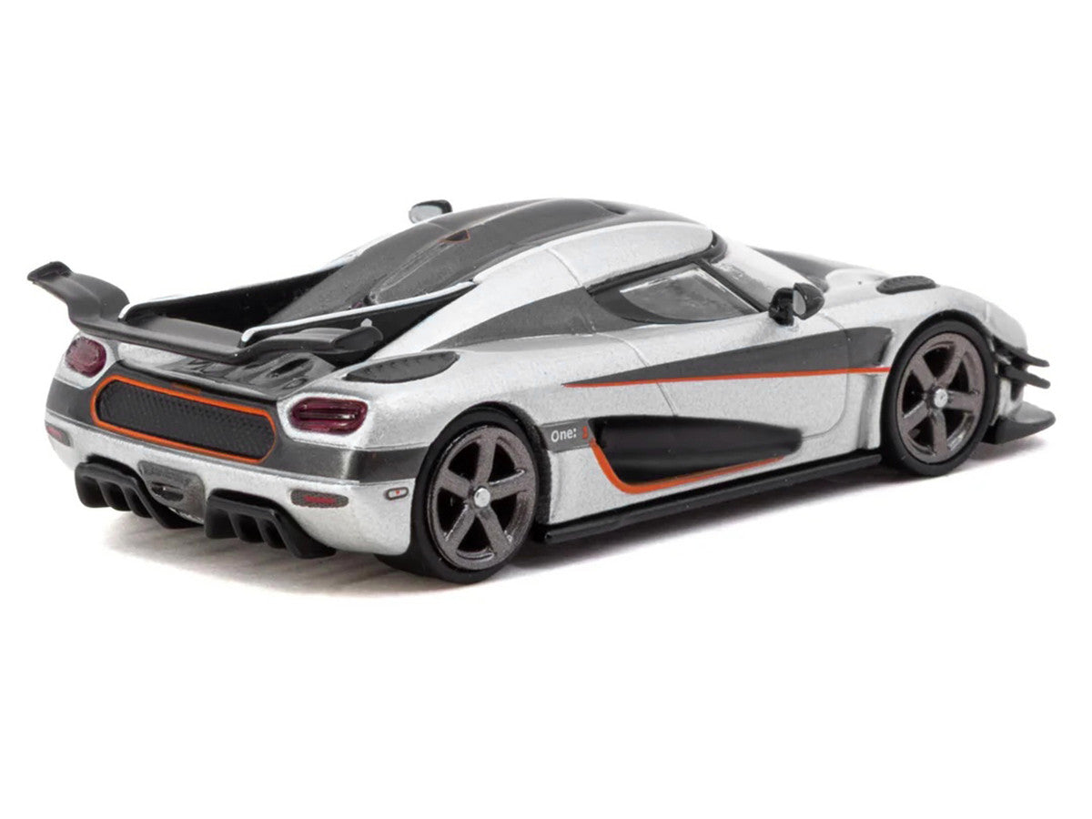 Koenigsegg One:1 Silver Metallic with Black Stripes "Global64" Series 1/64 Diecast Model Car by Tarmac Works