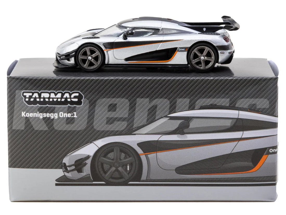 Koenigsegg One:1 Silver Metallic with Black Stripes "Global64" Series 1/64 Diecast Model Car by Tarmac Works