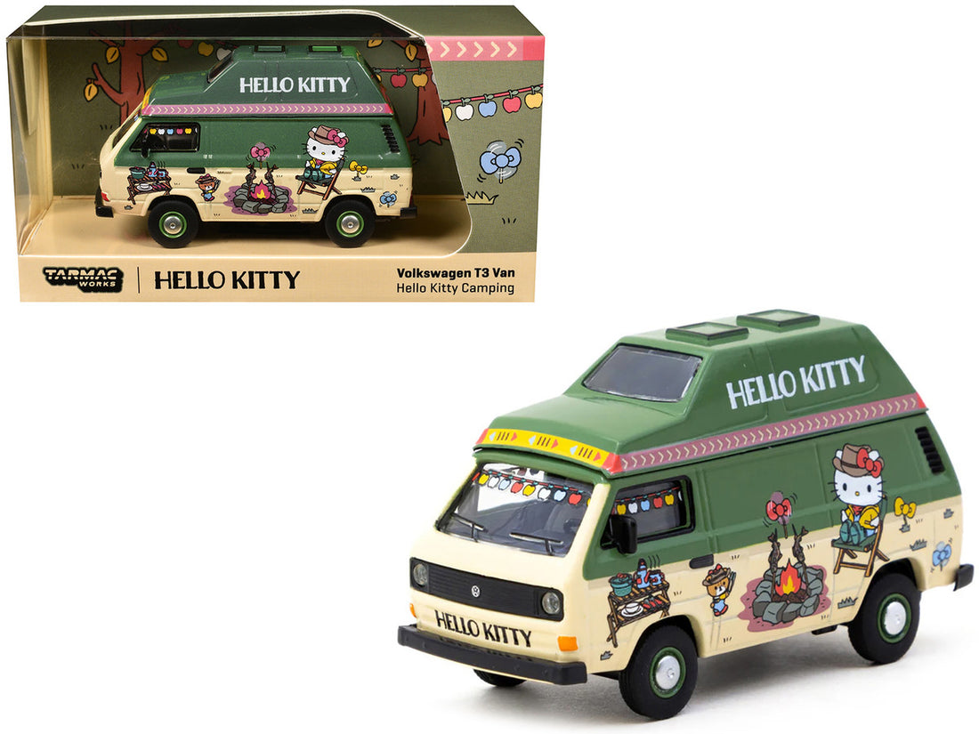 Volkswagen T3 Van "Hello Kitty Camping" Green and Beige with Graphics "Collab64" Series 1/64 Diecast Model Car by Schuco & Tarmac Works-2