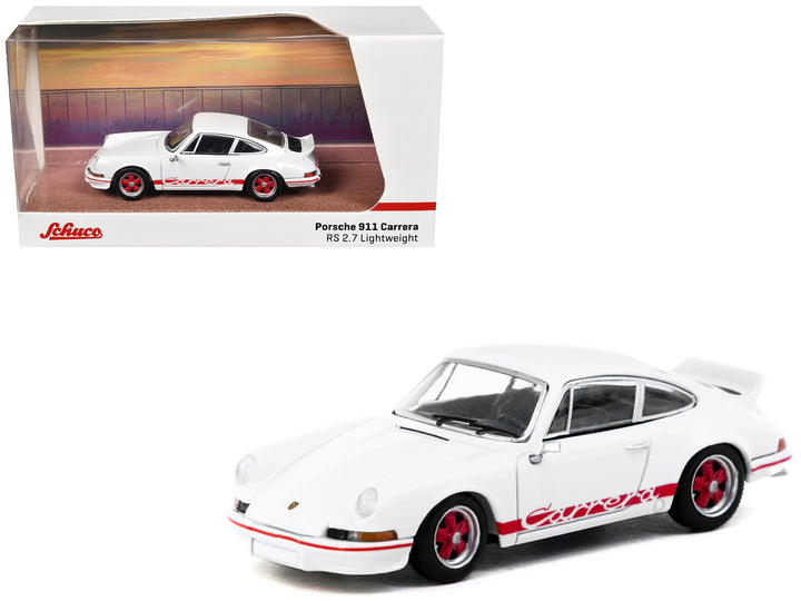 Porsche 911 Carrera RS 2.7 Lightweight White with Red Stripes 1/64 Collab64 diecast model with packaging.