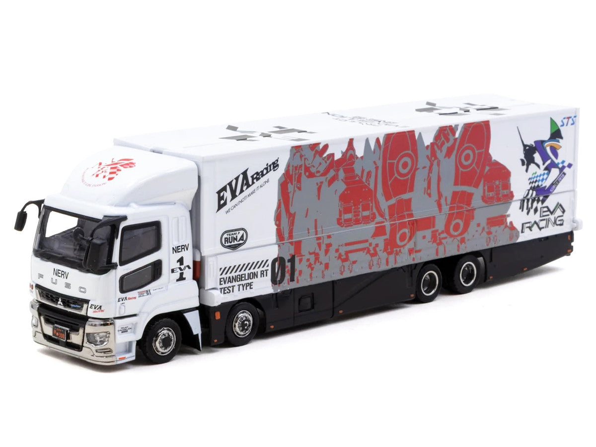 Mitsubishi Fuso Super Great Truck with Transporter "EVA Racing" White with Graphics "Truck64" Series 1/64 Diecast Model Car by Tarmac Works