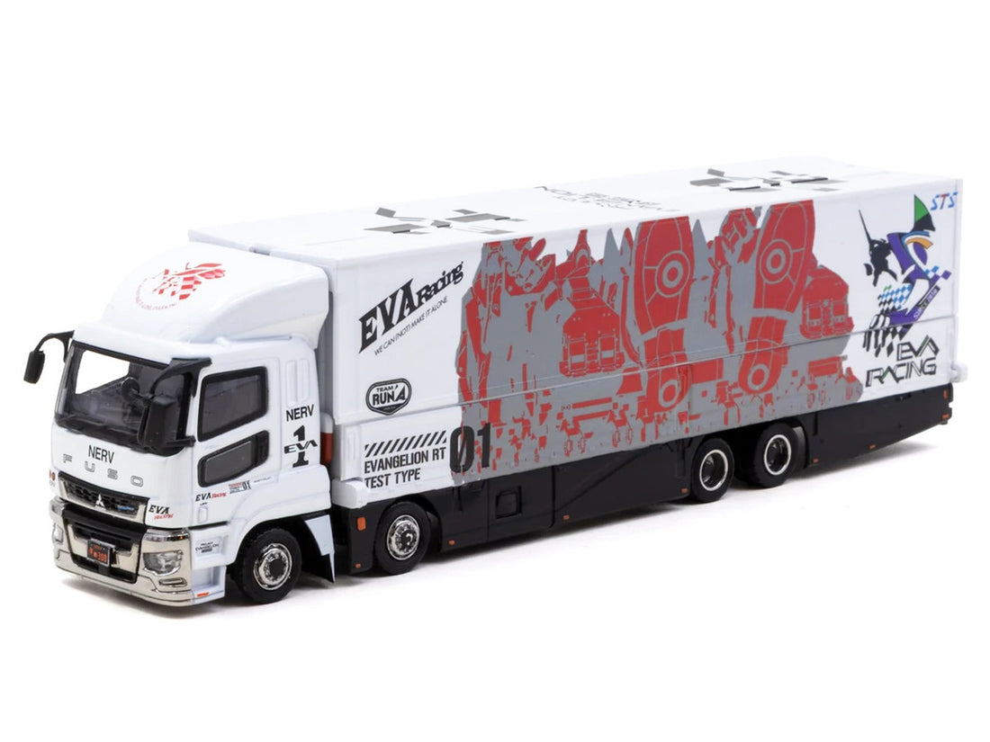 Mitsubishi Fuso Super Great Truck with Transporter "EVA Racing" White with Graphics "Truck64" Series 1/64 Diecast Model Car by Tarmac Works