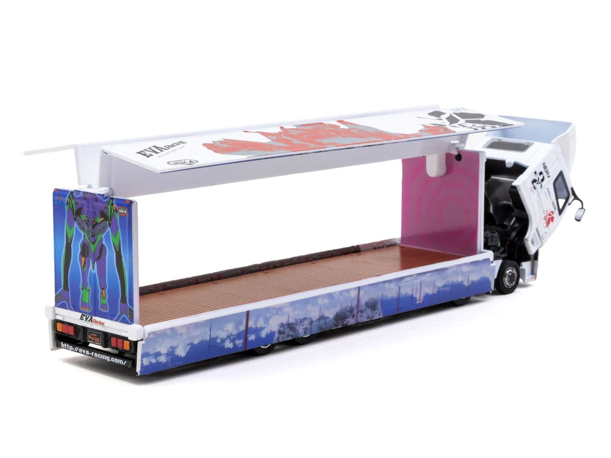 Mitsubishi Fuso Super Great Truck with Transporter "EVA Racing" White with Graphics "Truck64" Series 1/64 Diecast Model Car by Tarmac Works