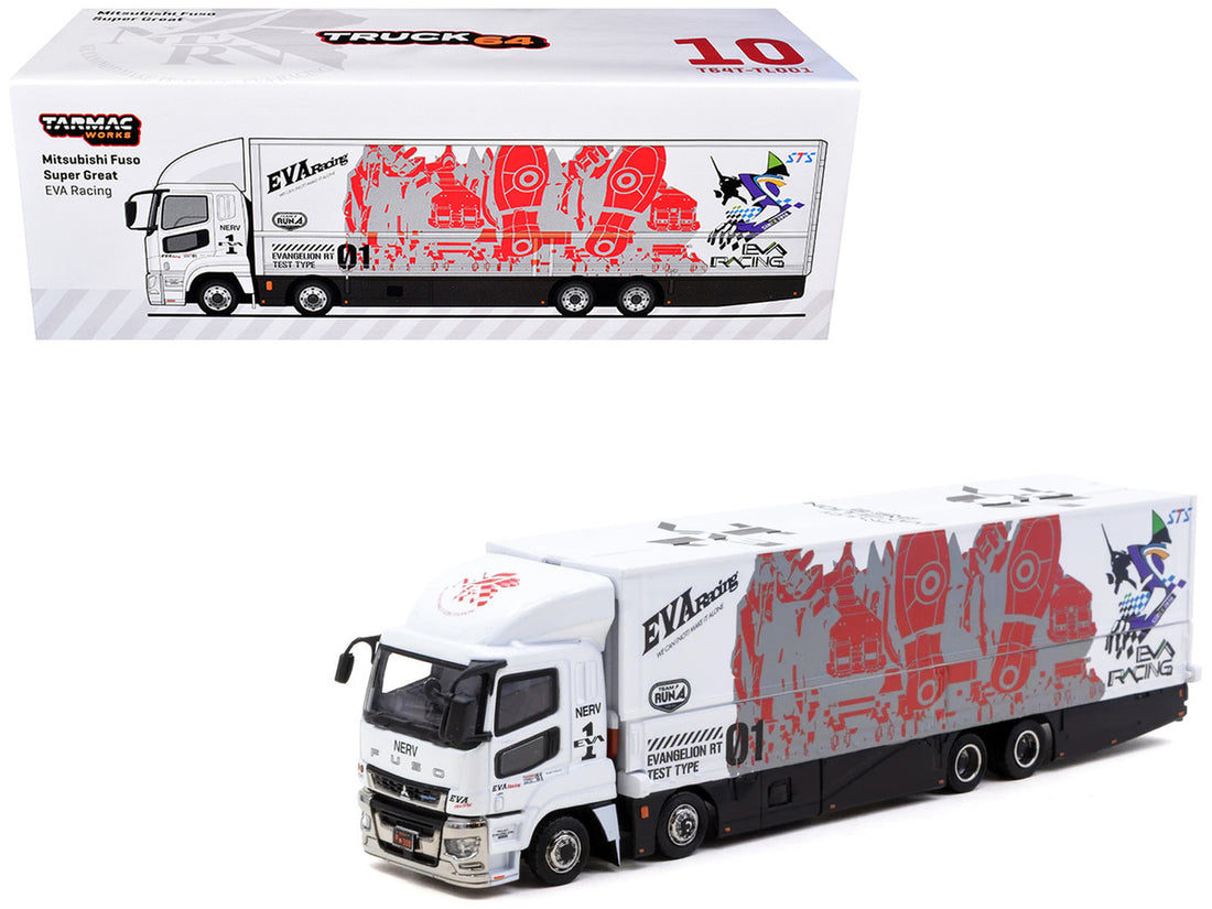 Mitsubishi Fuso Super Great Truck with Transporter "EVA Racing" White with Graphics "Truck64" Series 1/64 Diecast Model Car by Tarmac Works
