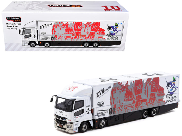 Mitsubishi Fuso Super Great EVA Racing Transporter white 1/64 Tarmac Works Truck64 collectible with packaging.