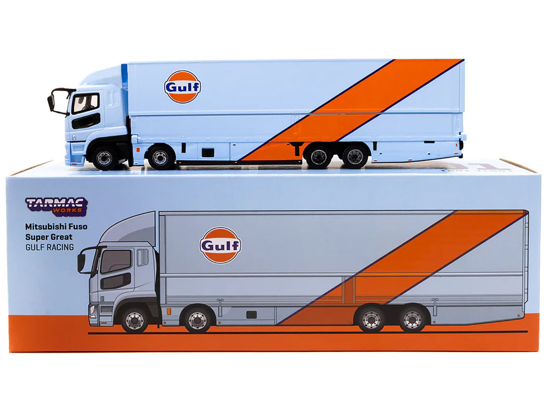 Mitsubishi Fuso Truck with Transporter Light Blue with Orange Stripes "Gulf Oil" "Truck64" Series 1/64 Diecast Model by Tarmac Works-2