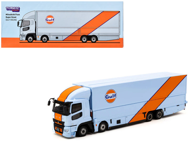 Mitsubishi Fuso Truck with Transporter Light Blue with Orange Stripes "Gulf Oil" "Truck64" Series 1/64 Diecast Model by Tarmac Works-0