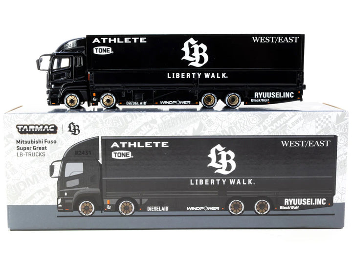Mitsubishi Fuso Super Great Truck RHD (Right Hand Drive) with Transporter "Liberty Walk" Black "Truck64" Series 1/64 Diecast Model Car by Tarmac Works-1