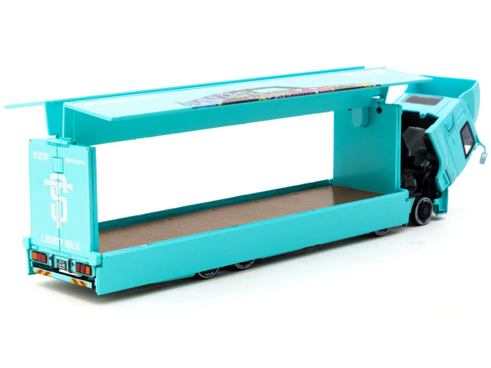 Mitsubishi Fuso Truck with Transporter "Liberty Walk - Suzuki Transport" Light Blue with Graphics "Truck64" Series 1/64 Diecast Model Car by Tarmac Works-0