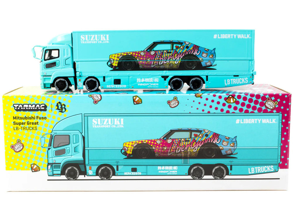Mitsubishi Fuso Truck with Transporter "Liberty Walk - Suzuki Transport" Light Blue with Graphics "Truck64" Series 1/64 Diecast Model Car by Tarmac Works-1