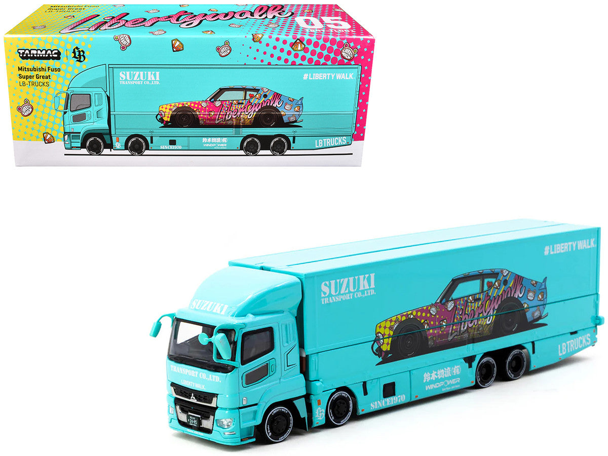 Mitsubishi Fuso Truck with Transporter "Liberty Walk - Suzuki Transport" Light Blue with Graphics "Truck64" Series 1/64 Diecast Model Car by Tarmac Works-2