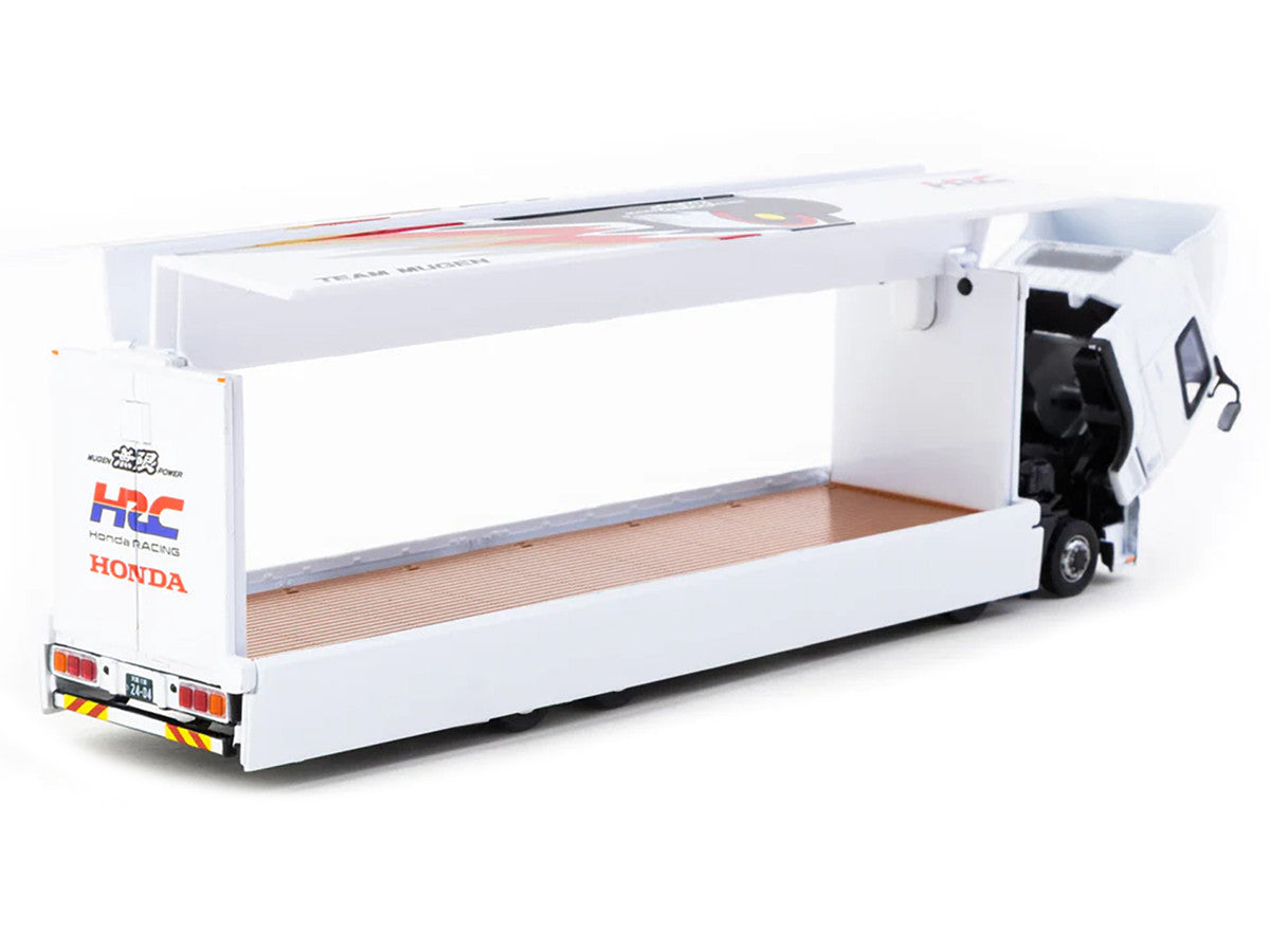 Mitsubishi Fuso Truck with Transporter "Team MUGEN - HRC" White with Graphics "Truck64" Series 1/64 Diecast Model Car by Tarmac Works-0