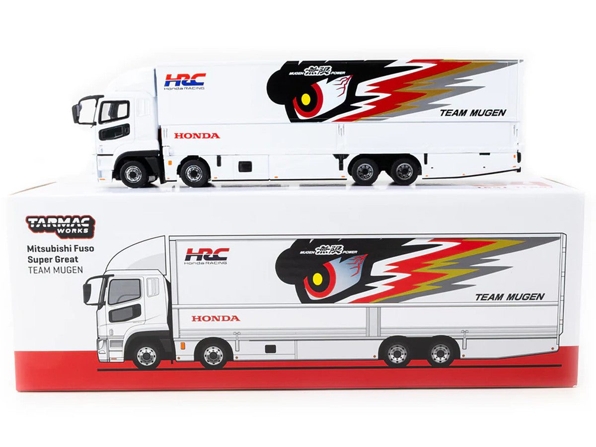 Mitsubishi Fuso Truck with Transporter "Team MUGEN - HRC" White with Graphics "Truck64" Series 1/64 Diecast Model Car by Tarmac Works-1