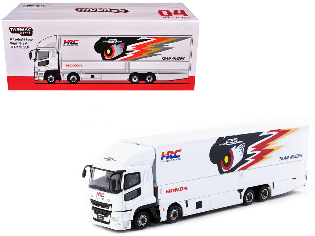 Mitsubishi Fuso Truck with Transporter "Team MUGEN - HRC" White with Graphics "Truck64" Series 1/64 Diecast Model Car by Tarmac Works-2