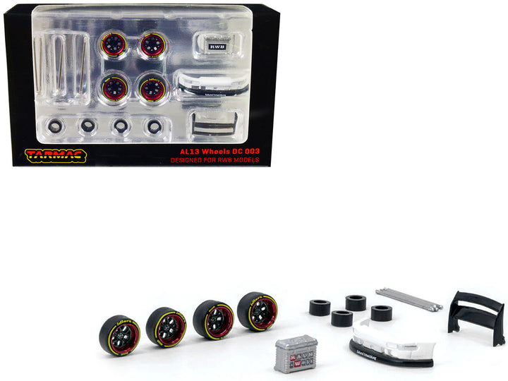 "AL13 Wheels DC 003" Red and Black Wheels and Parts Designed for RWB Models "Parts64" Series for 1/64 Model Cars by Tarmac Works-0