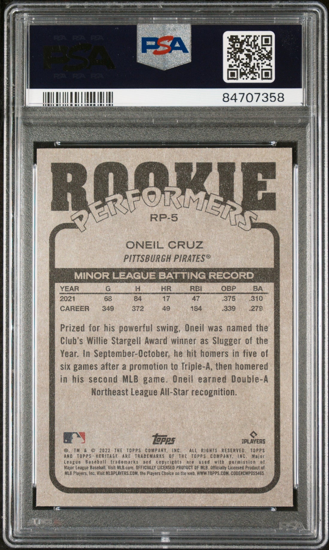 2022 TOPPS HERITAGE HIGH NUMBER ROOKIE PERFORMERS ONEIL CRUZ #RP5 - PSA 10 2