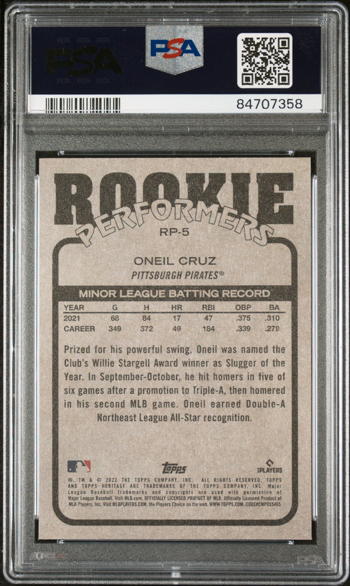 2022 TOPPS HERITAGE HIGH NUMBER ROOKIE PERFORMERS ONEIL CRUZ #RP5 - PSA 10 2