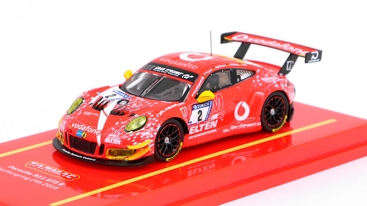 Porsche 911 GT3 R Nurburgring 24h 2018 #2 1:64 Scale Diecast Model by Tarmac Works Front and Drivers Side View