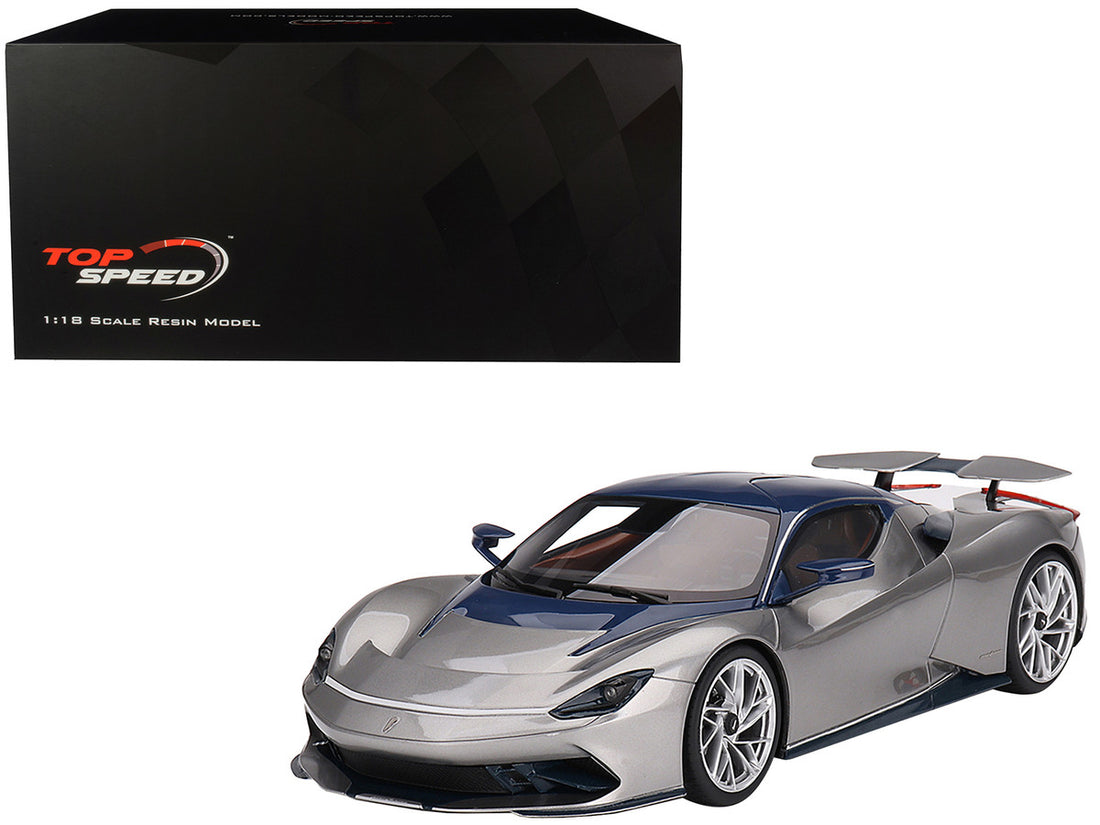 2019 Automobili Pininfarina Battista Argento Liquido Silver Metallic with Blu del Re Blue Top "US Launch Edition" 1/18 Model Car by Top Speed-0