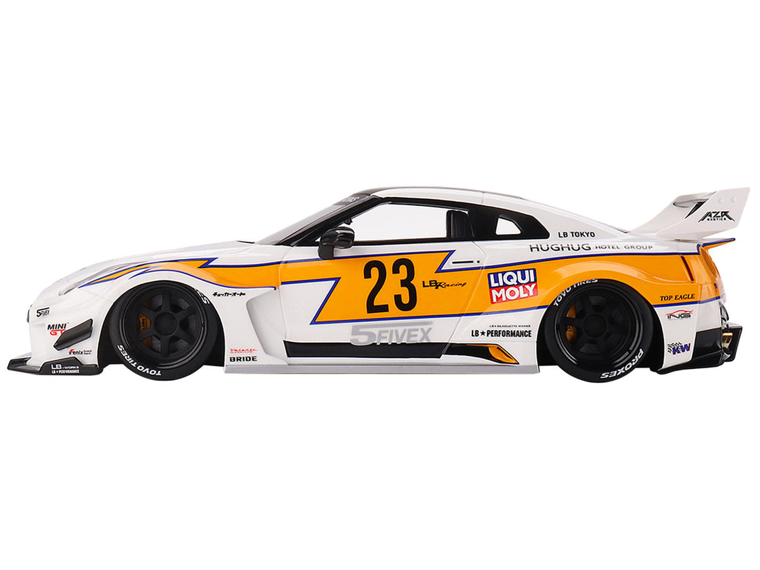 Nissan LB-Silhouette WORKS GT 35GT-RR Ver.1 RHD (Right Hand Drive) #23 White with Yellow Stripes "LB Racing" 1/18 Model Car by Top Speed-2