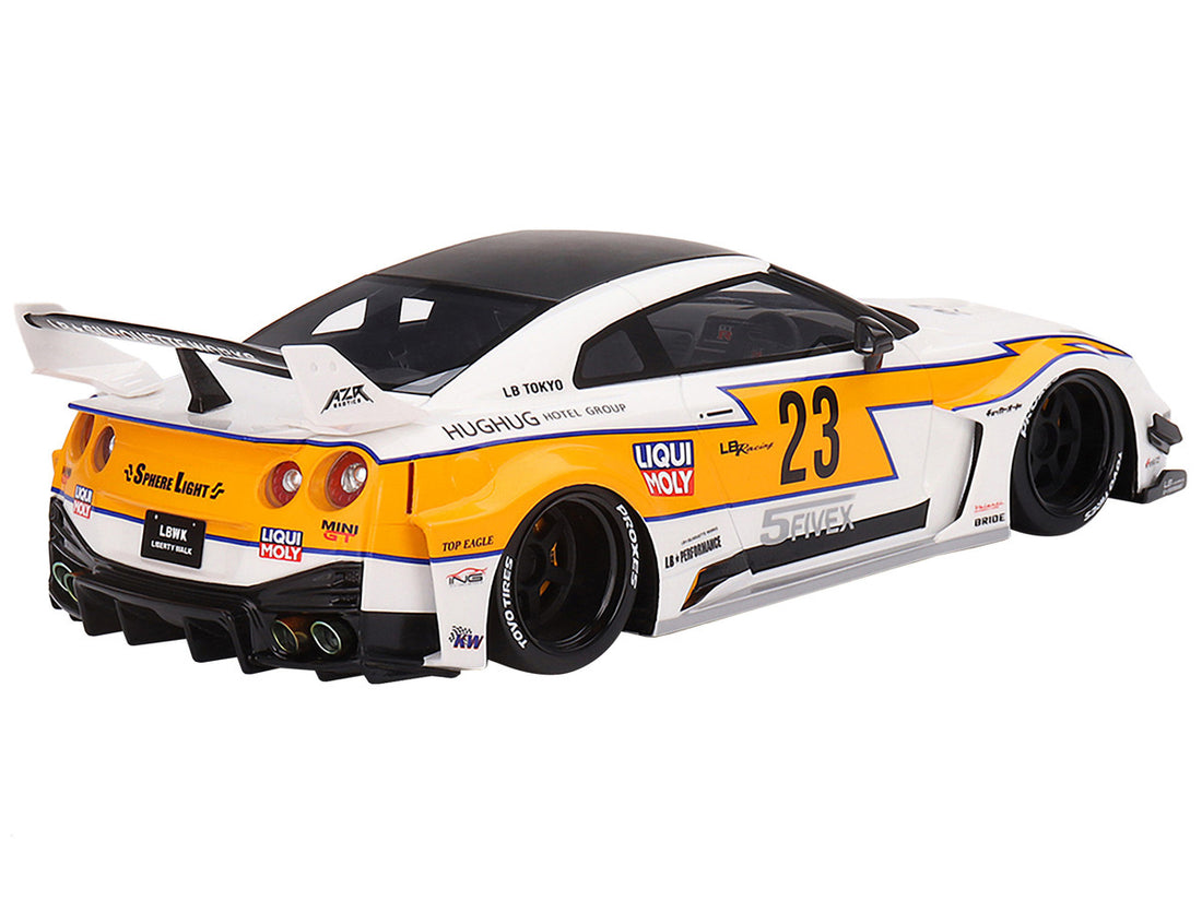 Nissan LB-Silhouette WORKS GT 35GT-RR Ver.1 RHD (Right Hand Drive) #23 White with Yellow Stripes "LB Racing" 1/18 Model Car by Top Speed-3