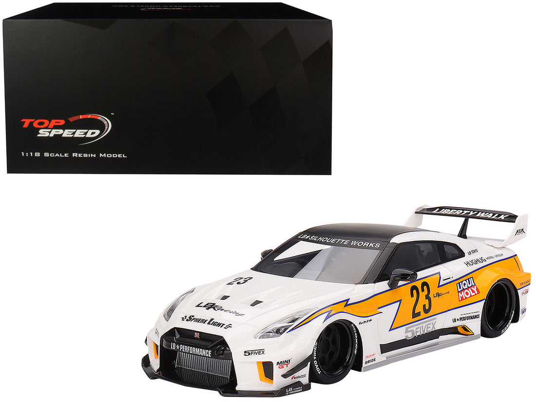 Nissan LB-Silhouette WORKS GT 35GT-RR Ver.1 RHD (Right Hand Drive) #23 White with Yellow Stripes "LB Racing" 1/18 Model Car by Top Speed-0