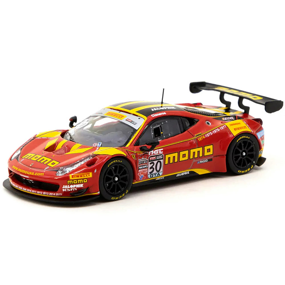 Ferrari 458 Italia GT3 #30 "Momo" "Pirelli World Challenge" 2015 "Hobby64" Series 1:64 Scale Diecast Model Car by Tarmac Works. Left Side and Front View